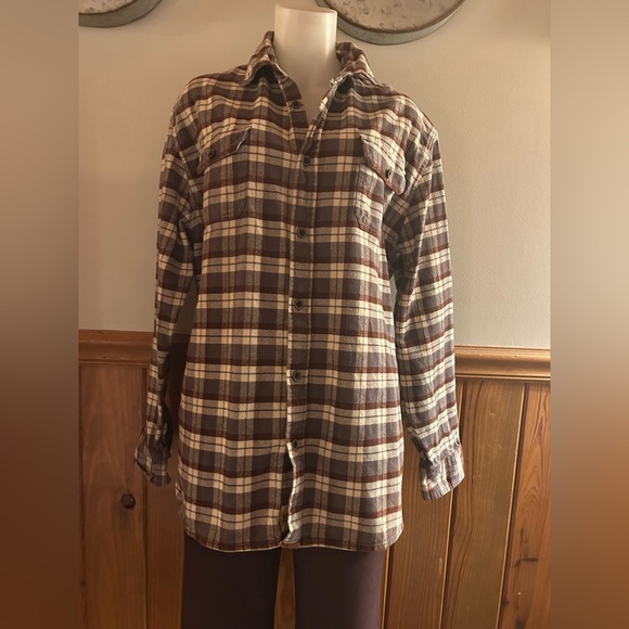 Large Tall JACHS flannel shirt, brown, grey, and cream, button down, warm, cozy - Picture 2 of 7